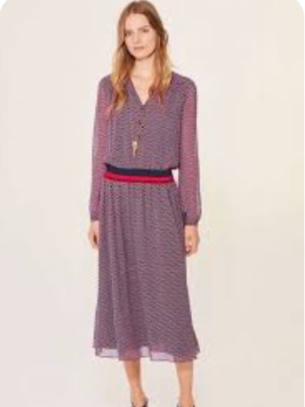 Tory Burch Velma Silk Crepe Printed Jersey-Trim V-Neck Midi Dress Size 2